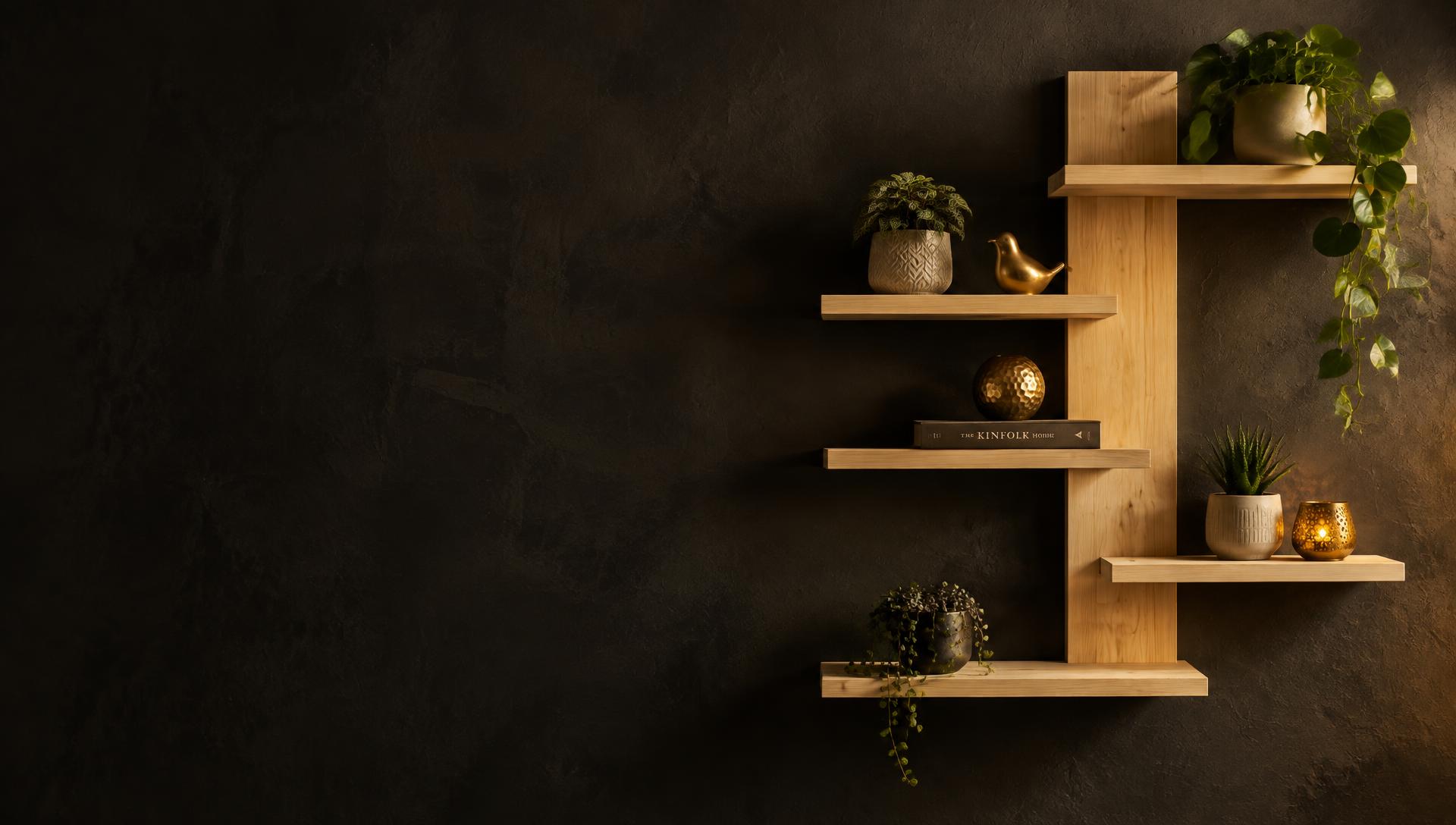 Handmade pine wall shelf on a dark wall